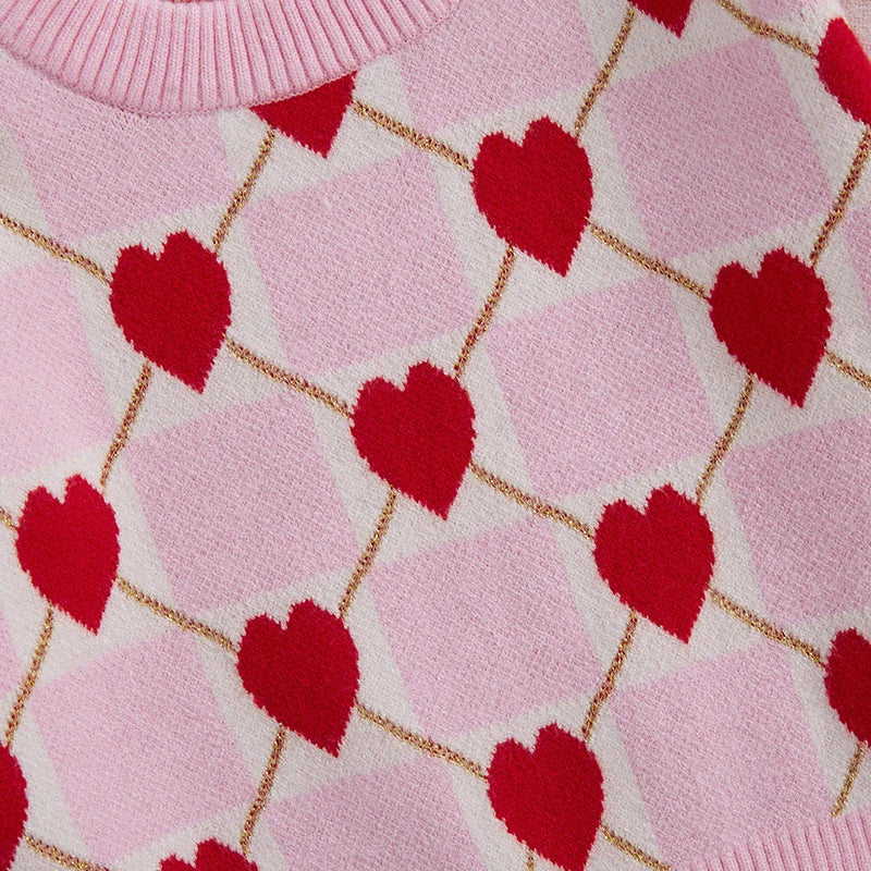 Girls Heart Patterned Knit Sweater with Long Sleeves and O Neckline -