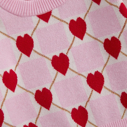 Girls Heart Patterned Knit Sweater with Long Sleeves and O Neckline -