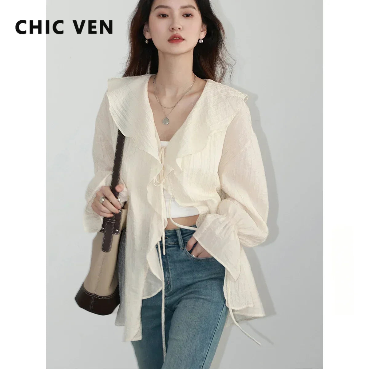 CHIC VEN Women Shirt Loose Casual Ruffled Edges Female Blouses