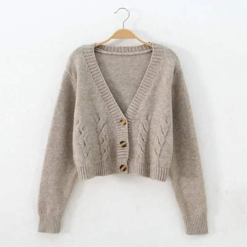 Women Long-Sleeve Cardigan Knitted Sweater Open Stitch V-Neck