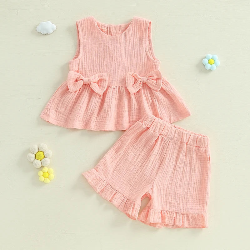 2024-12-24 Lioraitiin Toddler Baby Girl Summer Clothes Solid Color Bow Round Neck