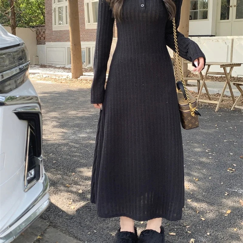 French Style Long Sleeve Knitted Dress Cinched Waist A Line