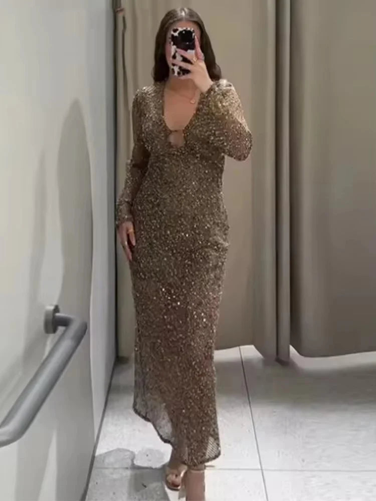 Sexy Sequined Long Pleated Dress Women Deep V-neck Full Sleeve See Through Dresses  ﻿