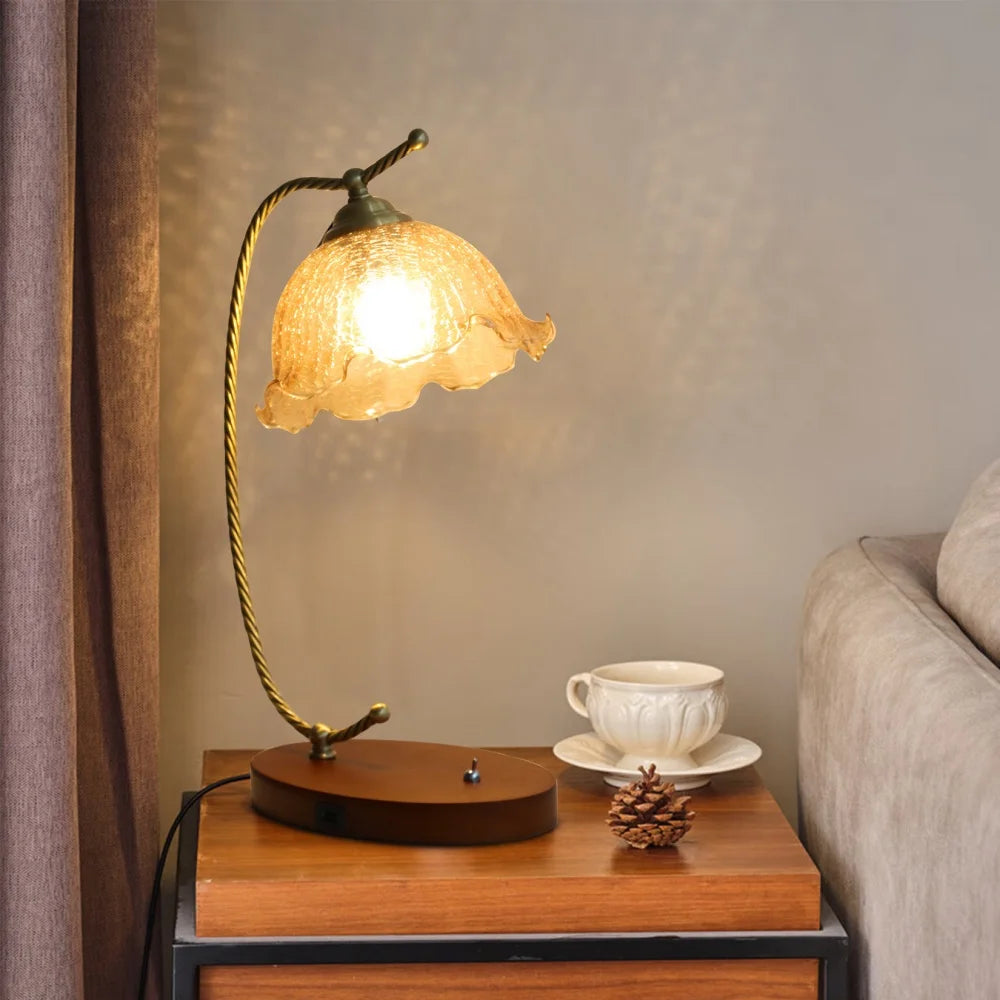 Mid-Century Glass Flower Desk Lamp for Bedside Table Lighting