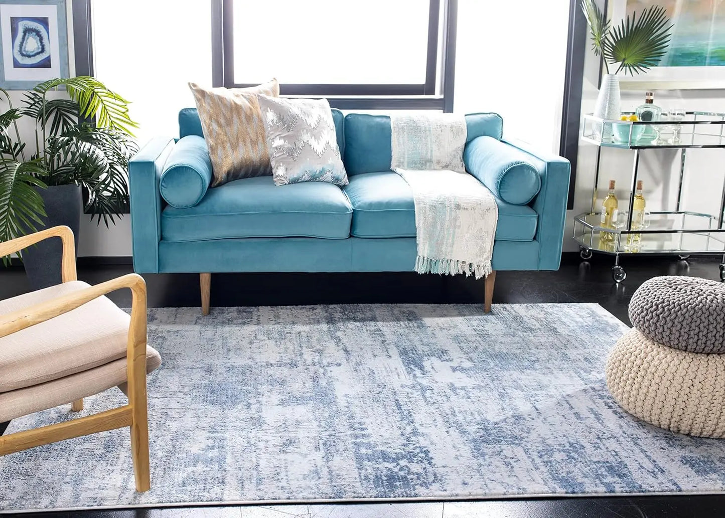 8ft x 10ft Ivory & Blue Rug Modern Abstract Design