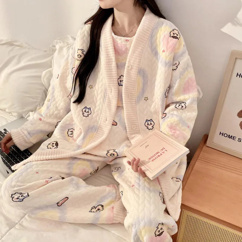Autumn Winter Fashion Maternity Pajamas Cotton Jacket Pants And Breast Feeding Three Pieces