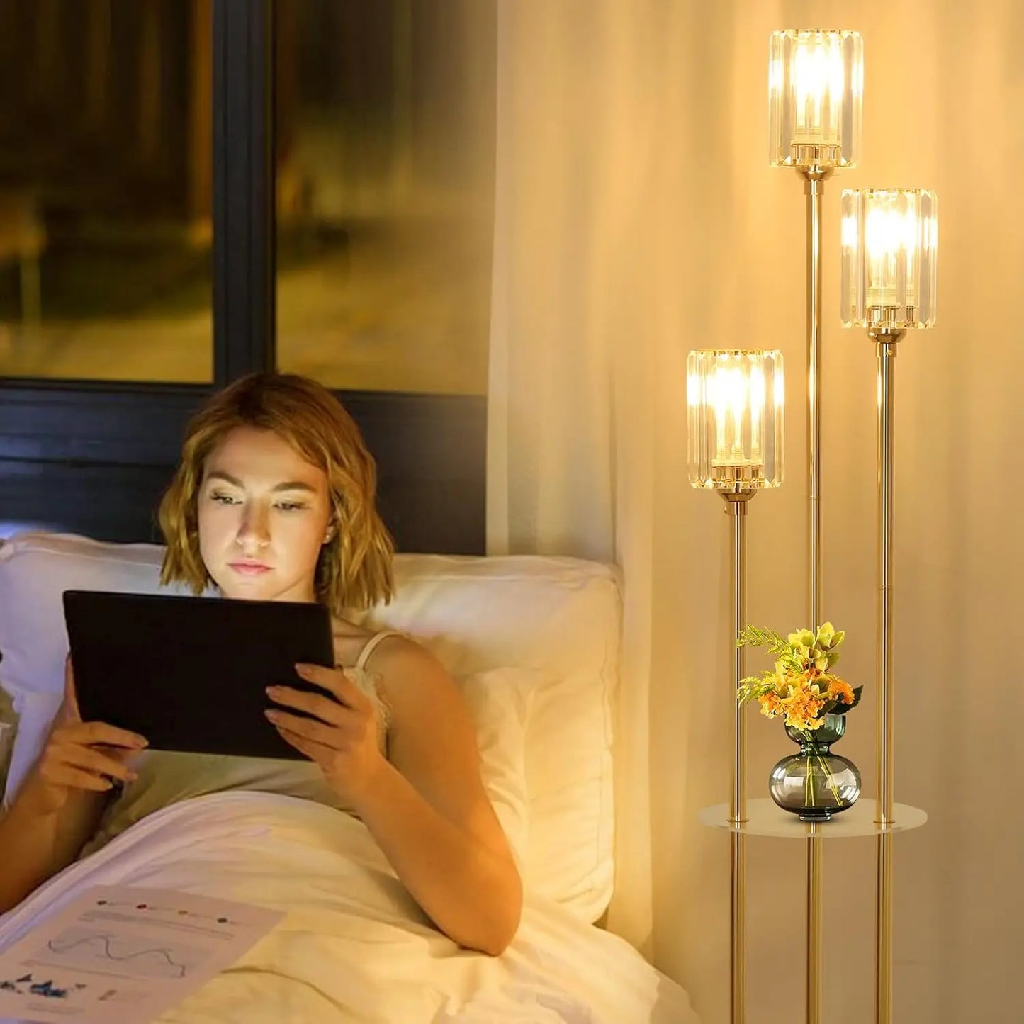 Crystal Floor Lamp With Shelves Rechargeable Battery Powered