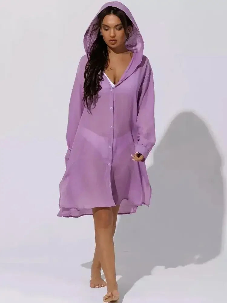 Women's Long Sleeve Button Down Tunic Dress Beach Cover Up