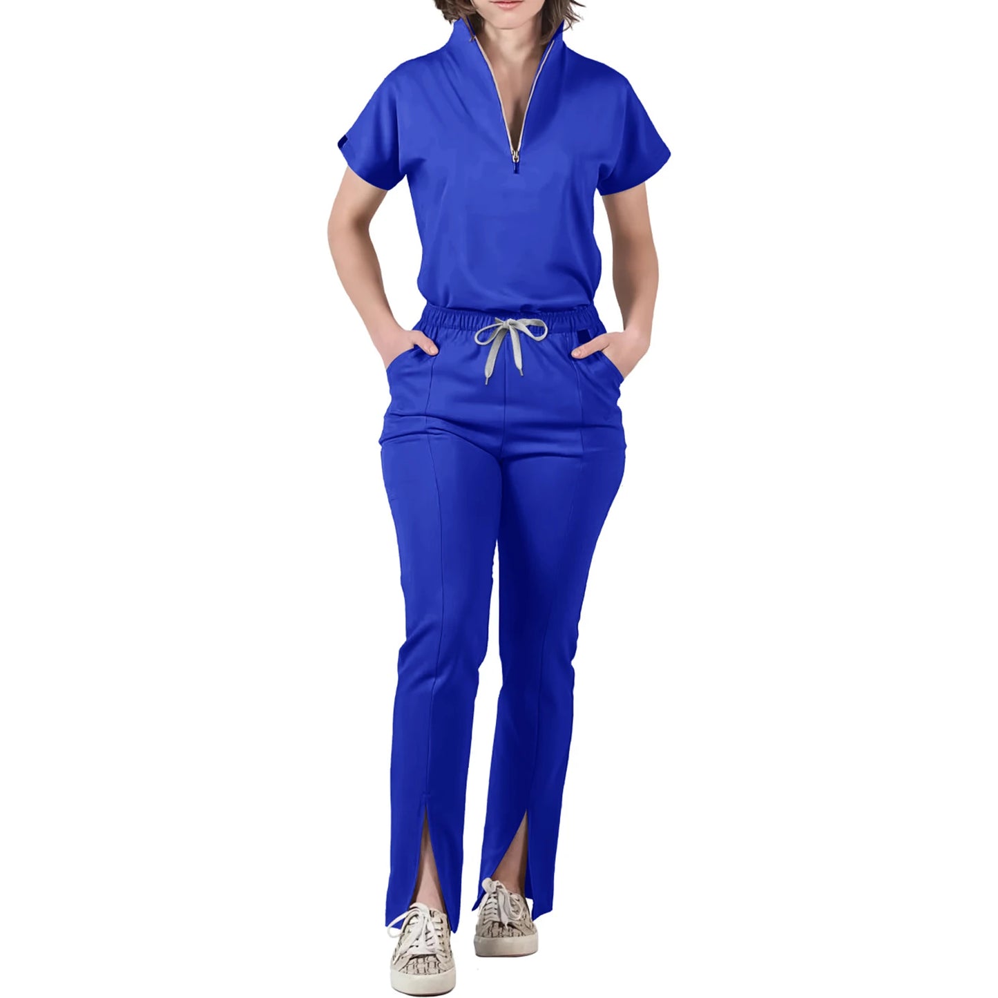 Women's Nurse Scrub Set V-Neck Half Zipper Short Sleeve Multi-Color Split Hem Pants Multi-Pocket