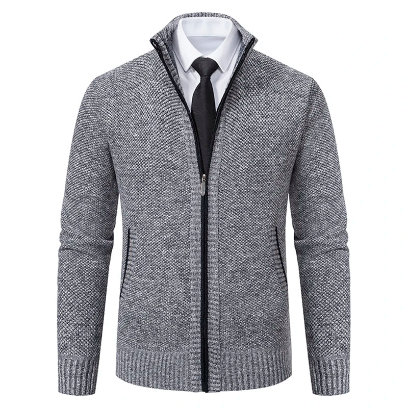 Men's Autumn Winter Velvet Cardigan Jacket Zip Closure Knit Polyester