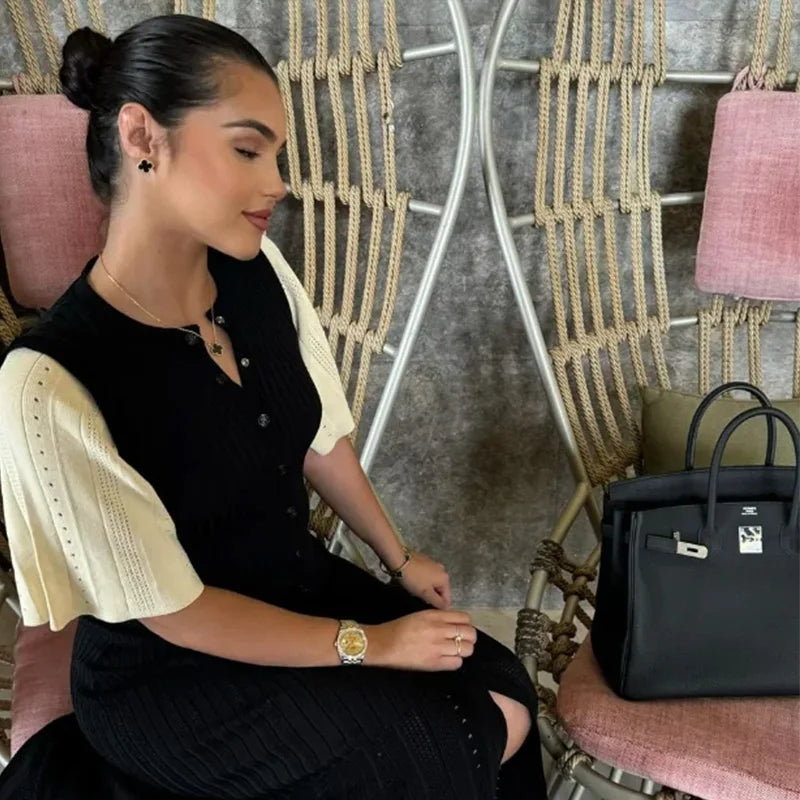 Elegant Knitted Dress Women Solid Single Breasted O Neck Short Sleeve High Waist Hip