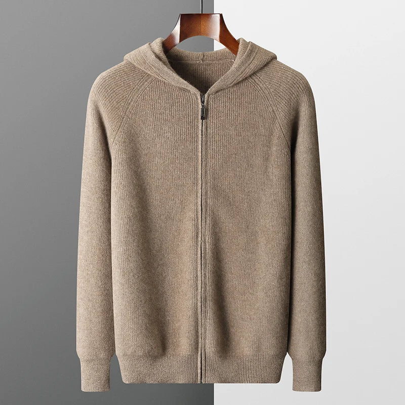 Merino Wool Hooded Zipper Cardigan For Men In Autumn Winter