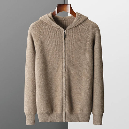 Merino Wool Hooded Zipper Cardigan For Men In Autumn Winter