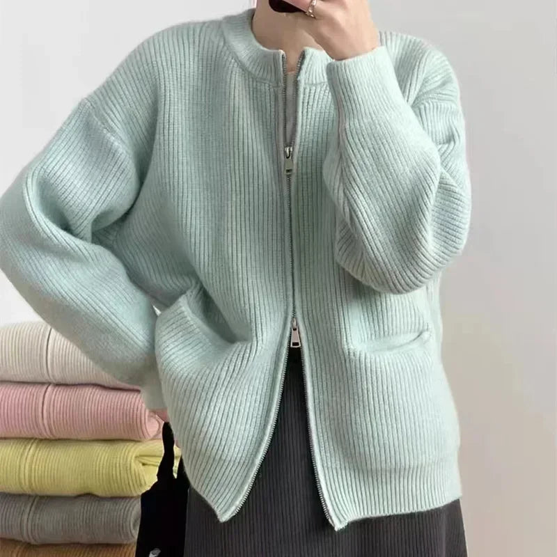 Cozy Knit Cardigan Jacket With Double Zipper For Autumn Winter