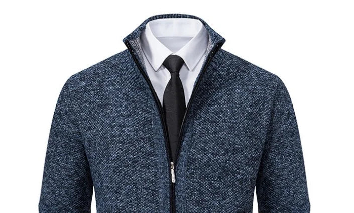Men's Autumn Winter Velvet Cardigan Jacket Zip Closure Knit Polyester