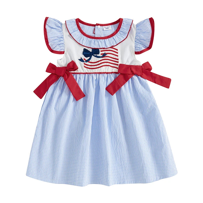 Independence Day Toddler Girl Dress with Plaid Bows and American Flag