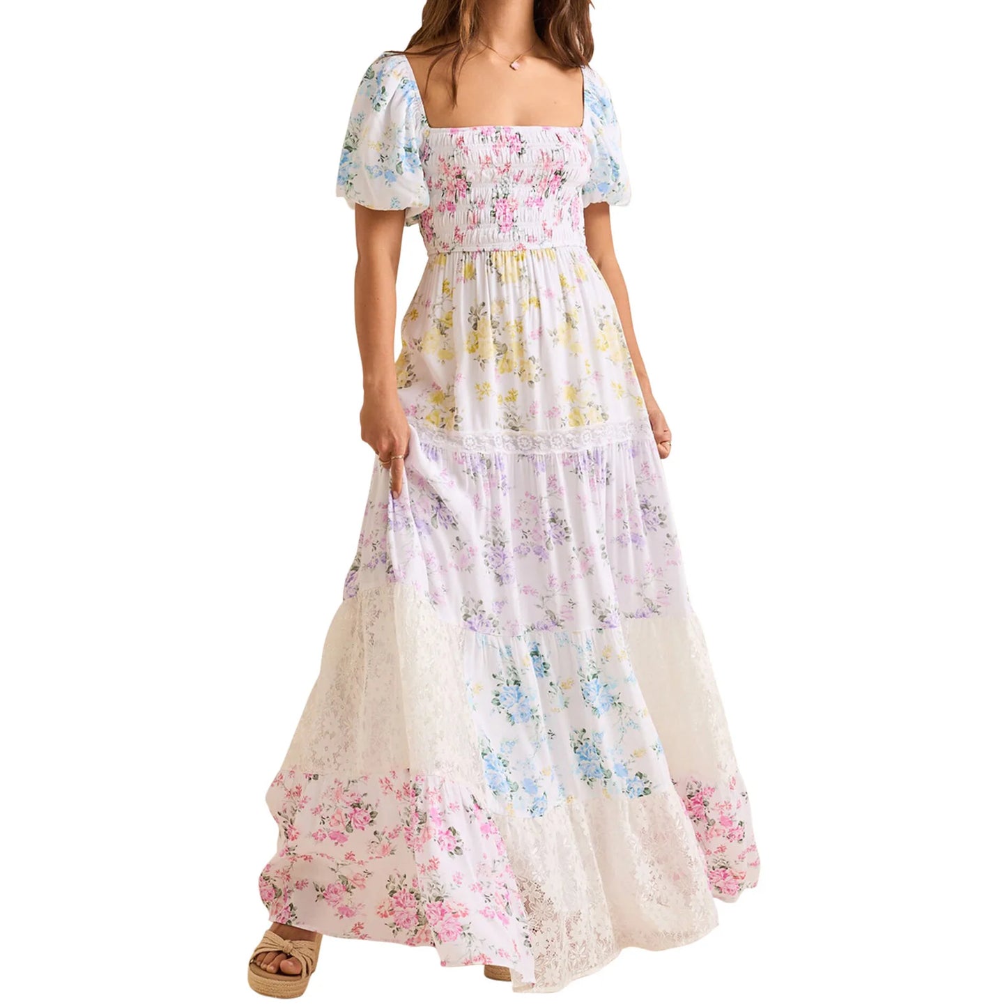 Elegant Floral Print Short Sleeve A-Line Dress with Ruffled Hem for Women