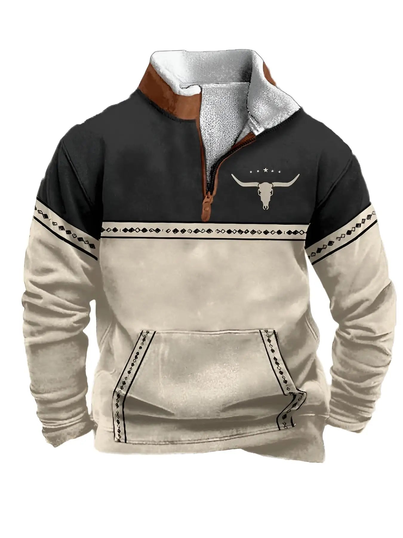 Men'S Vintage Western Hoodie with Aztec Cowboy Design - Beige & Gray Zip-Up Pullover