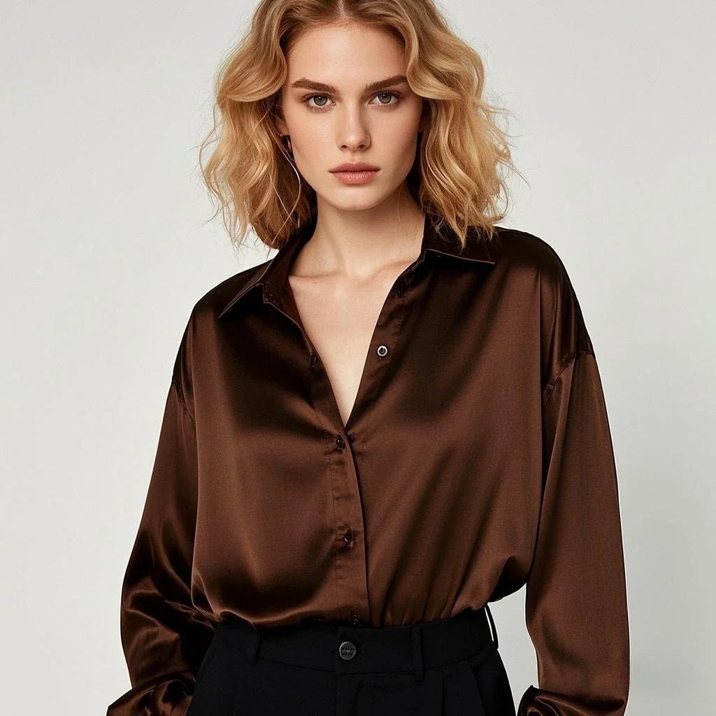 Korean Office Lady Satin Blouse Shirt For Women Casual Chic