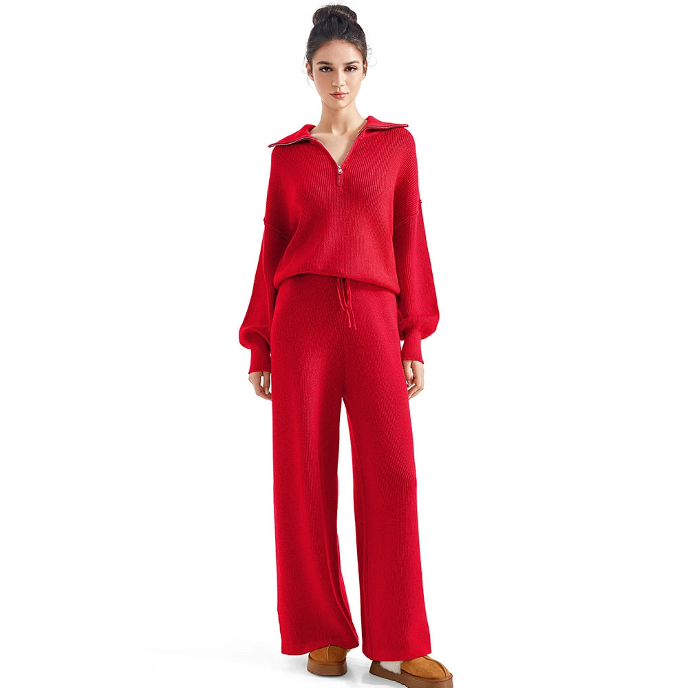 Two Piece Lounge Set Tracksuit Oversized Zip Pullover Polo Neck