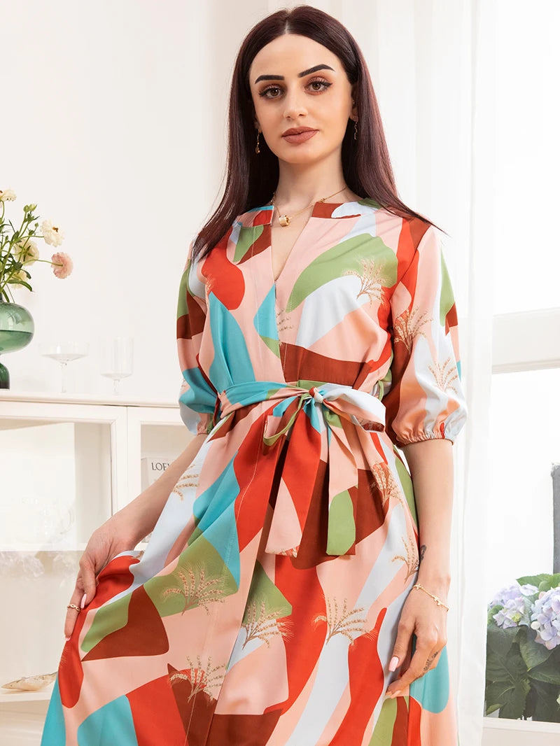 Simplicity V-neck Geometry Plant Split fork Belt Lantern sleeve Long Dresses