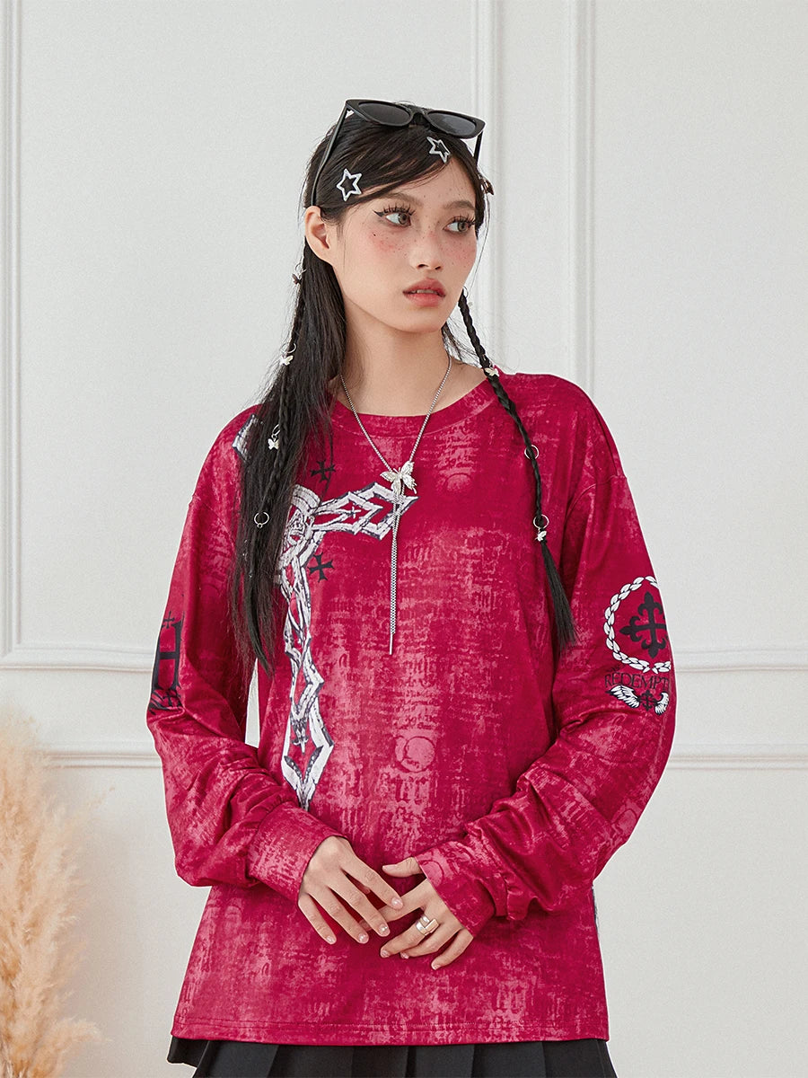 Women's Vintage Gothic Graphic Loose Long Sleeve Round Neck Top