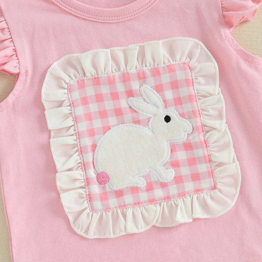 Girls Floral Print Ruffle Sleeve Top and Denim Shorts Set with Bow Detail -