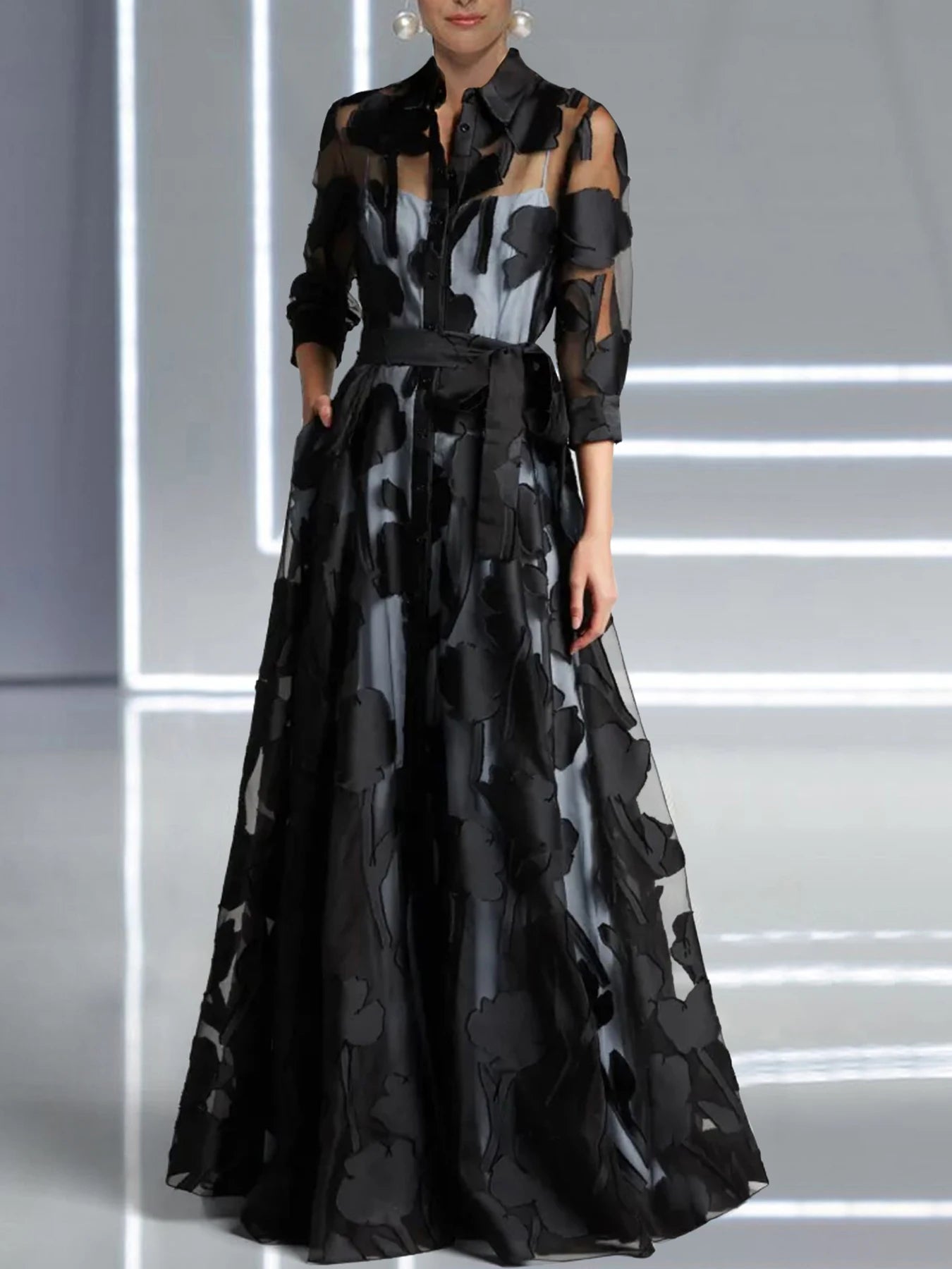 Elegant Three-Quarter Sleeve Knotted Waist Jacquard Mesh Maxi Dress Transparent