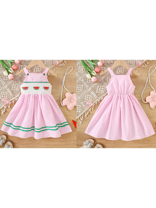 Girls Sleeveless Watermelon Embroidered Plaid Dress with Ric-Rac Trim -