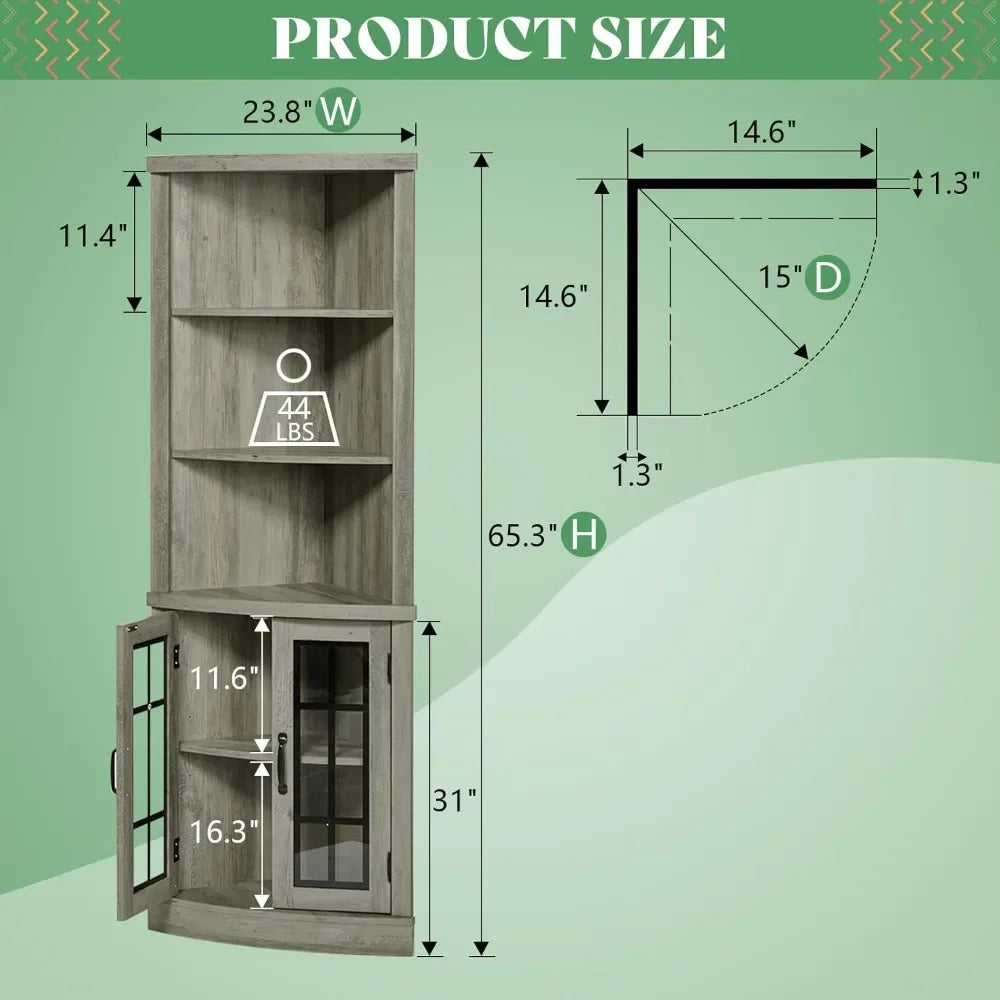 65" Tall Display Cabinet with Glass Doors & Adjustable Shelves,
