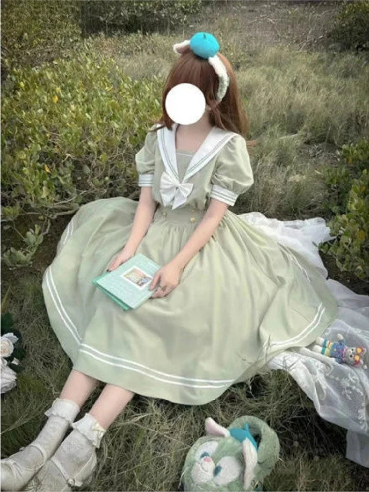 Japanese Lolita Style Puff Sleeve Dress For Women With Bow