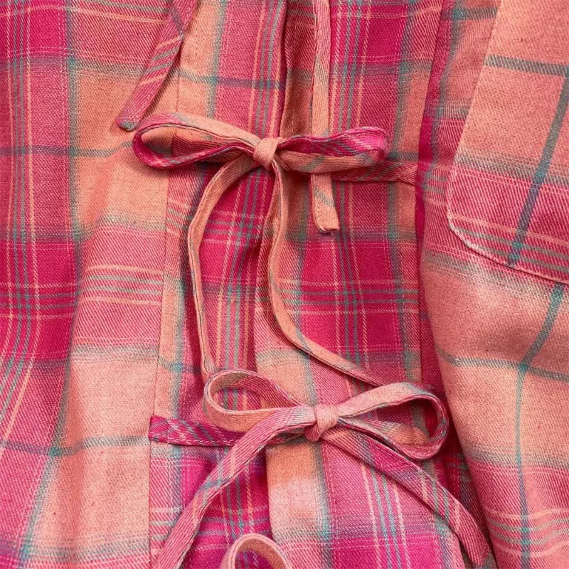 Neploe American Retro Pink  Plaid Shirt for Women Spring Autumn