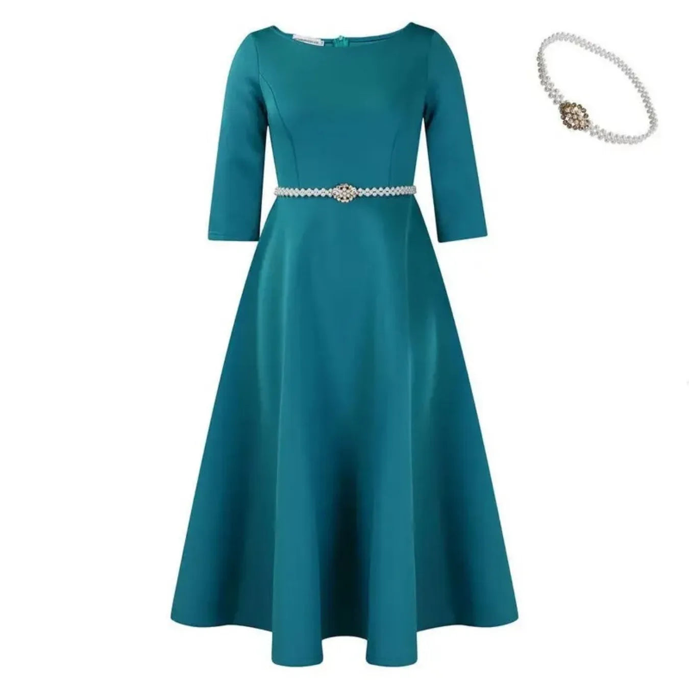 Elegant Dress With Boat Collar And Rhinestone Belt