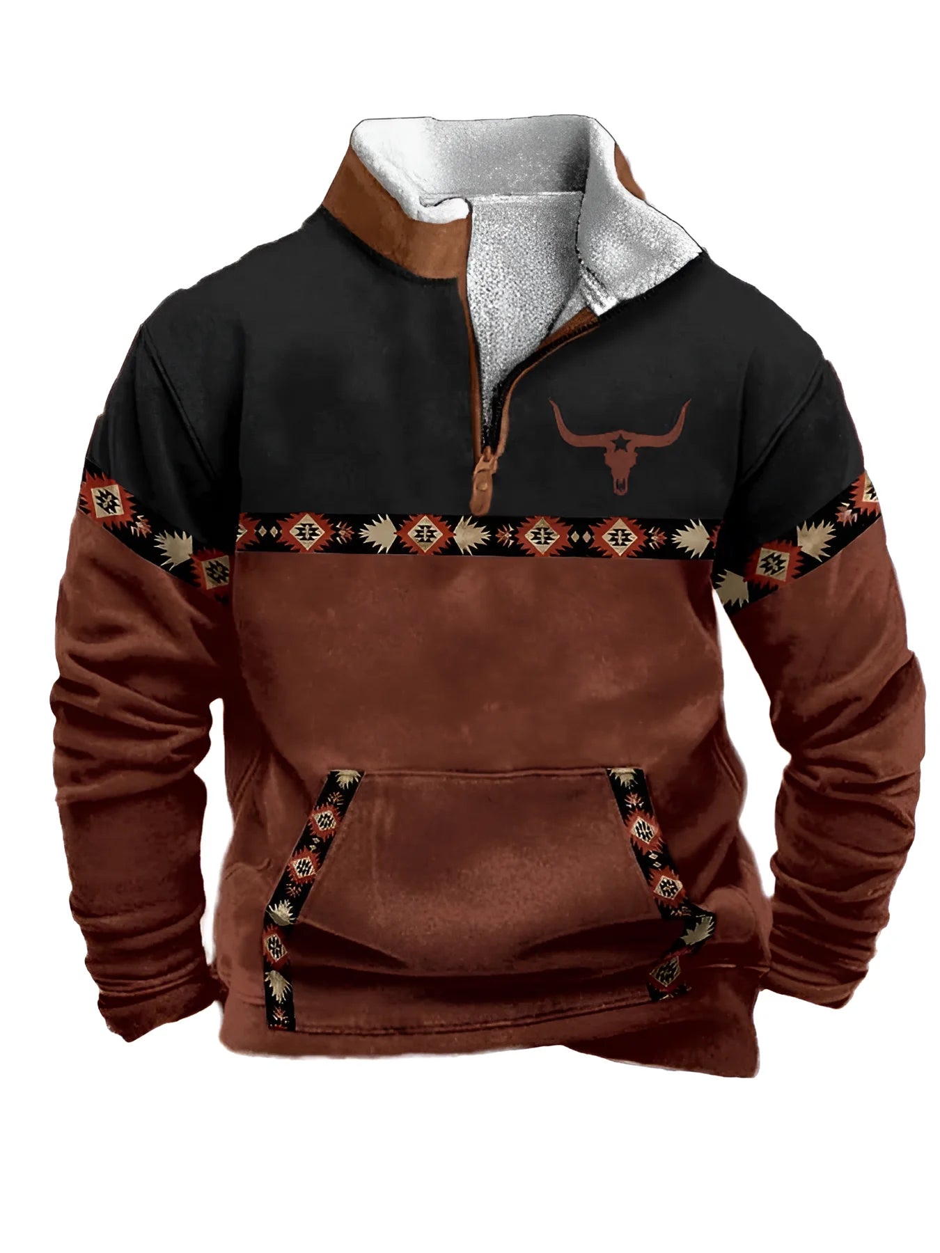 Men'S Vintage Western Hoodie with Aztec Cowboy Design - Beige & Gray Zip-Up Pullover