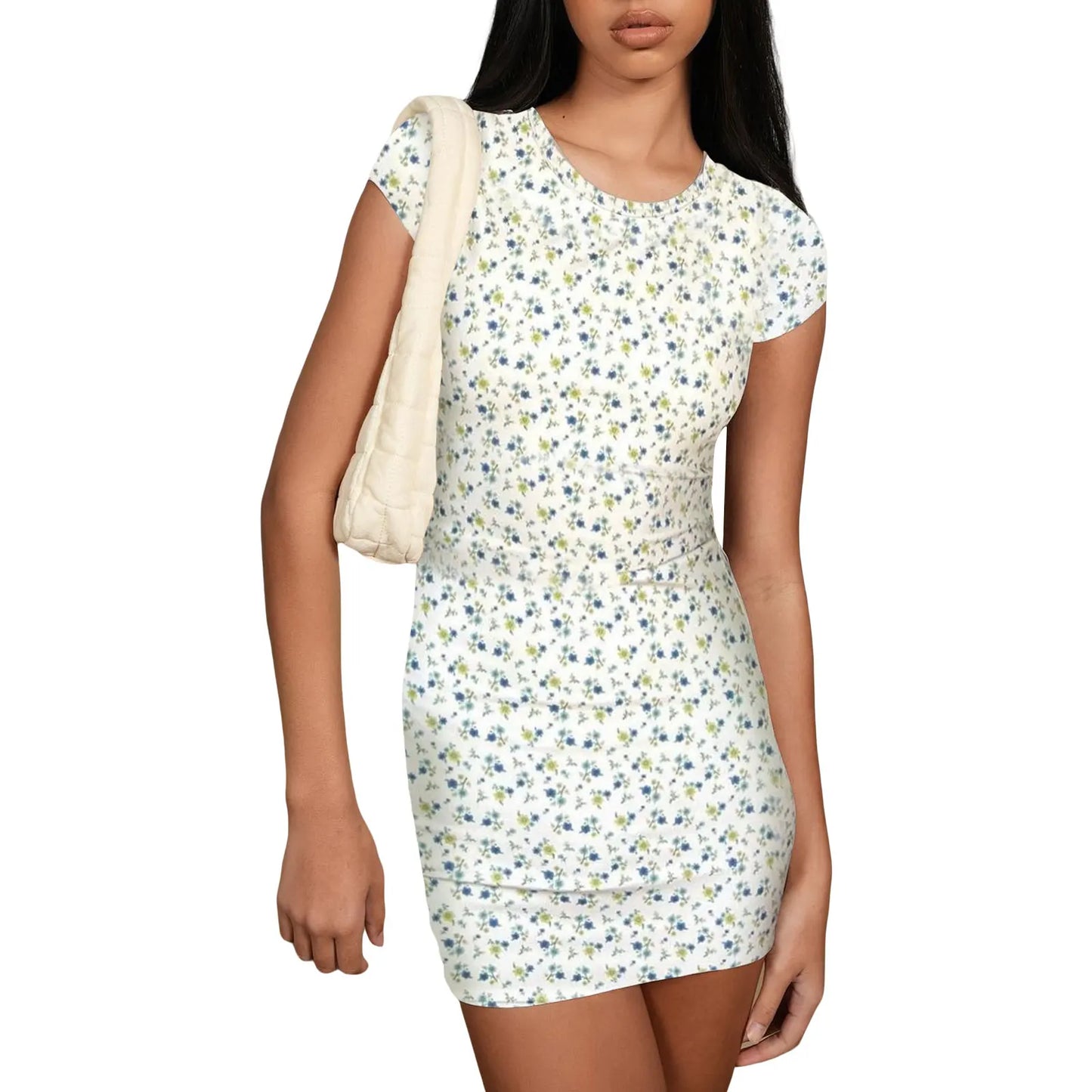 Women Bodycon Dress Short Sleeve Crew Neck Floral Print