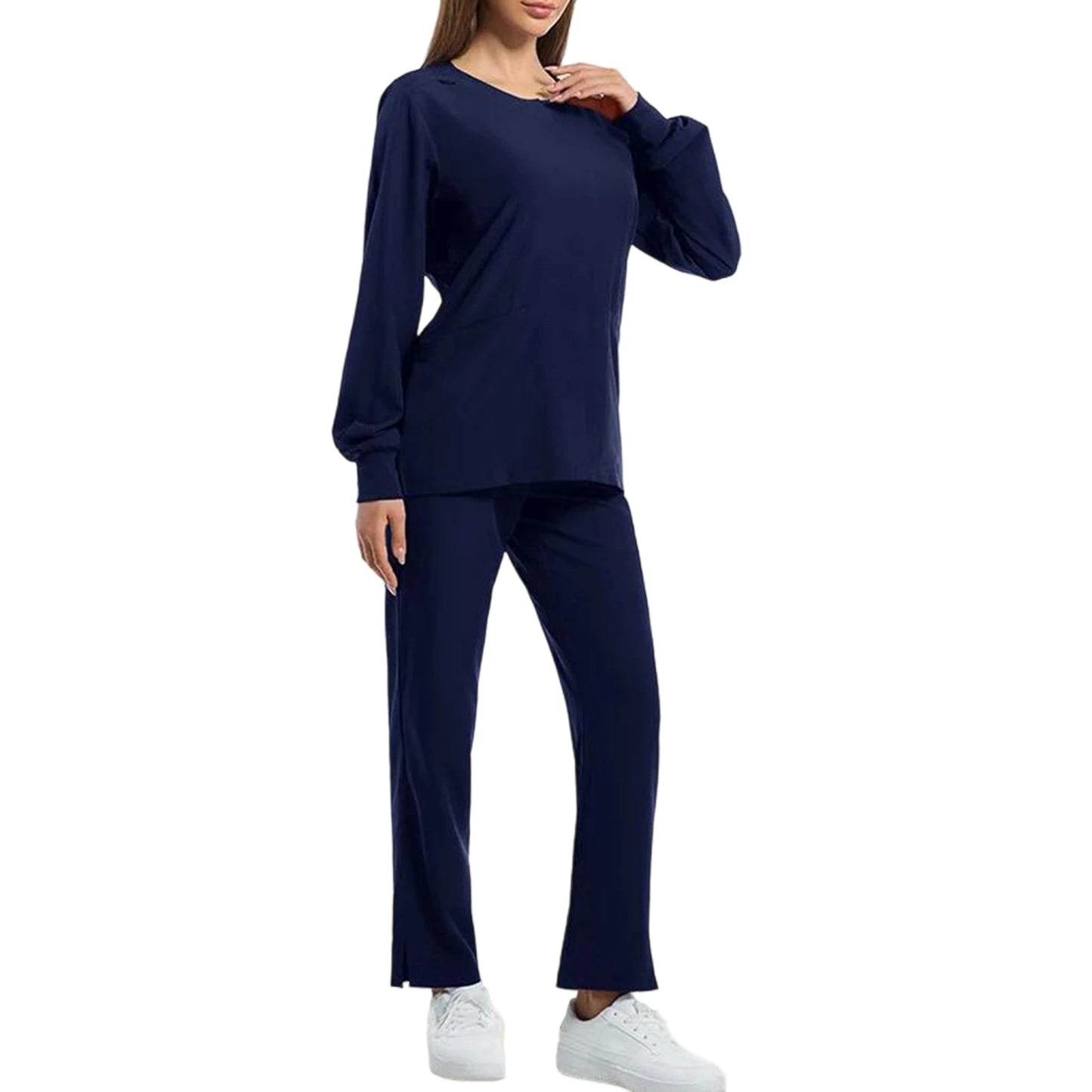 Women's Nurse Scrub Set Round Neck Long Sleeve Multi-Color Split Hem Pants Multi-Pocket
