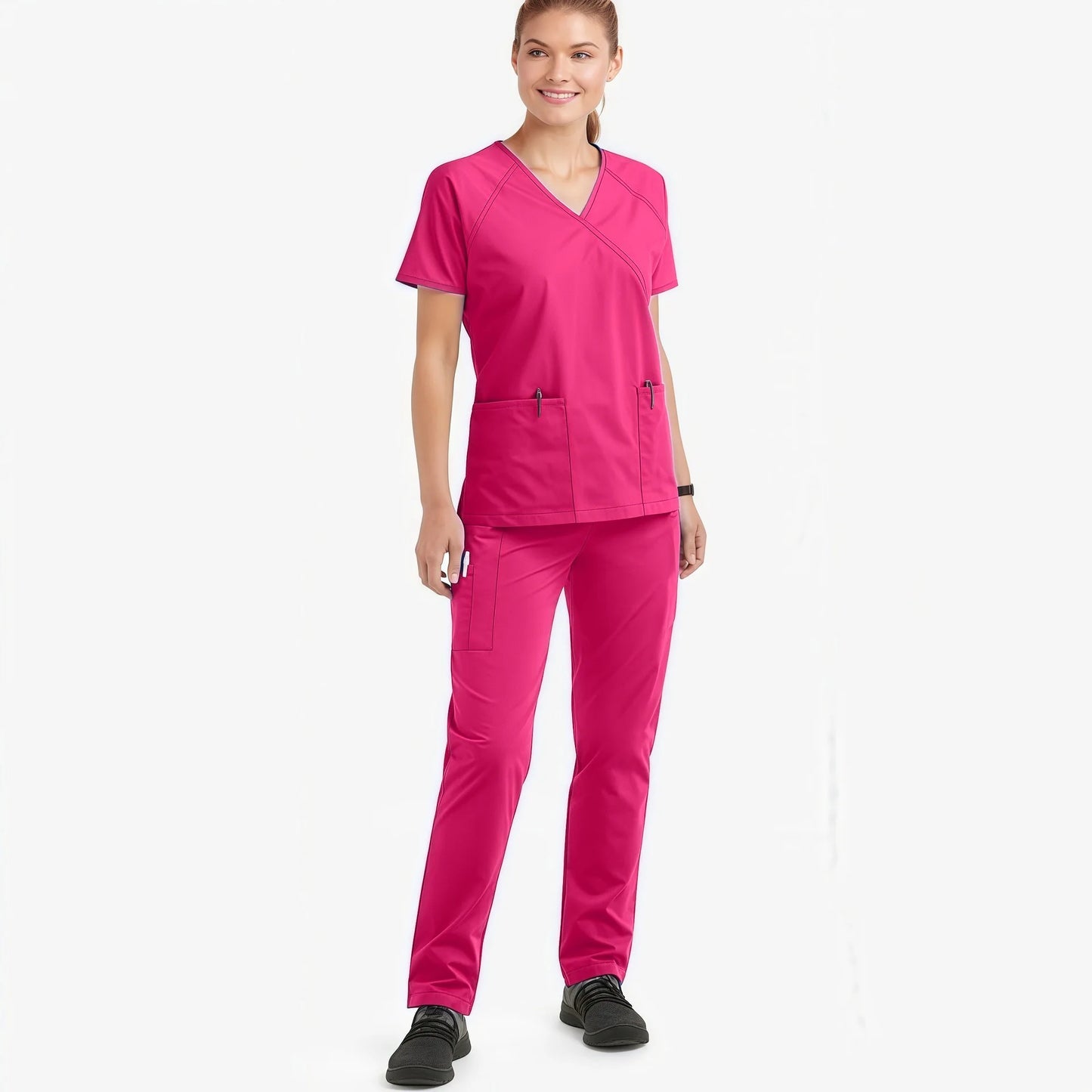Women's Nurse Scrub Set V-Neck Short Sleeve Multi-Color Zipper Pocket Long Pants Medical Uniform Cozy Professional Workwear