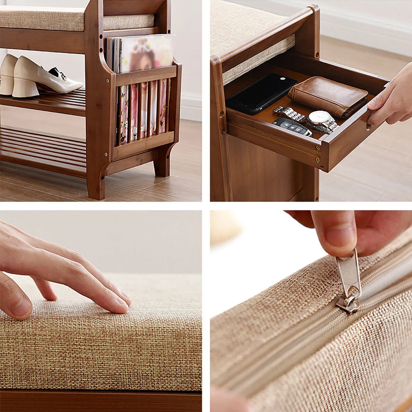 Bamboo 2-Tier Shoe Rack Bench, Removable Cushion Entryway Shelf