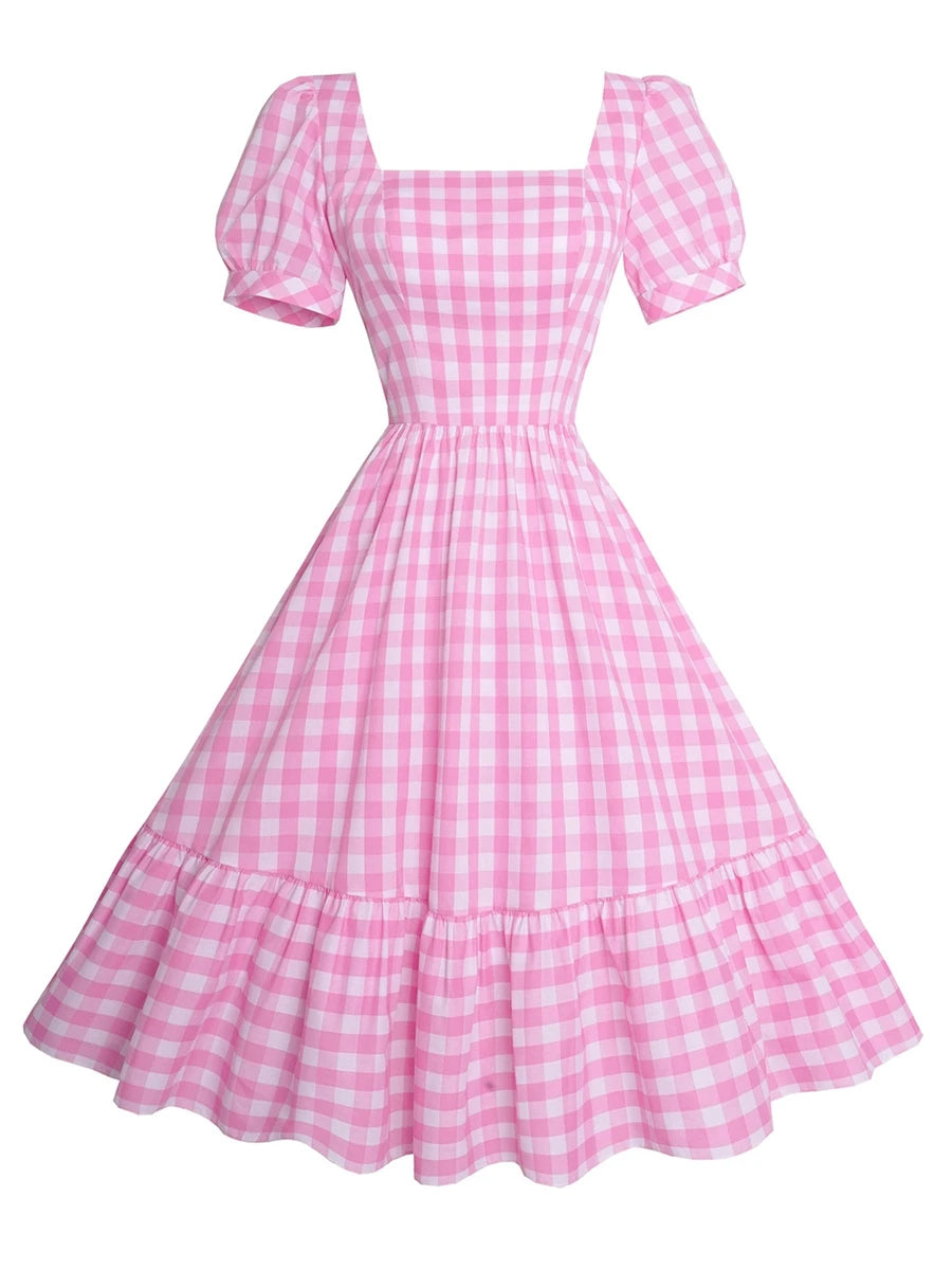 Women Summer Casual Midi Dress Plaid Square Neck Short Puff Sleeve