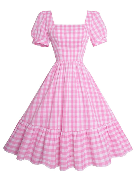 Women Summer Casual Midi Dress Plaid Square Neck Short Puff Sleeve