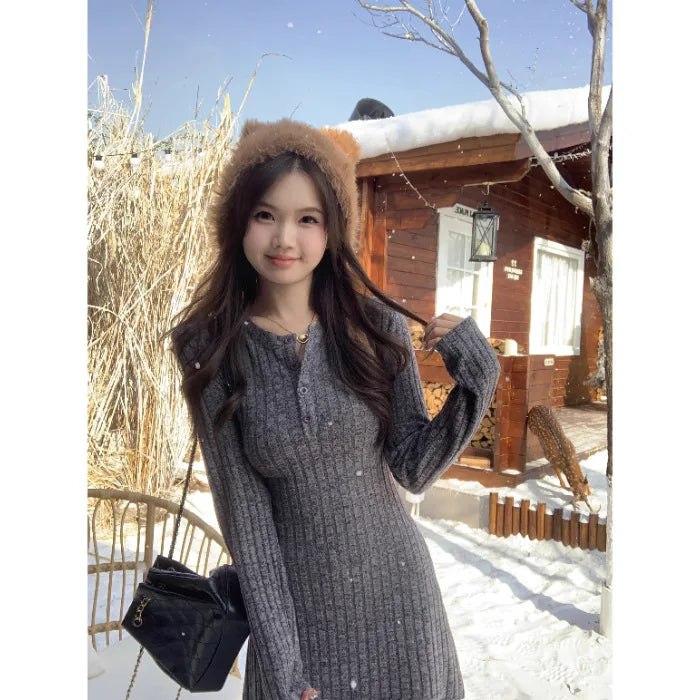 French Style Long Sleeve Knitted Dress Cinched Waist A Line