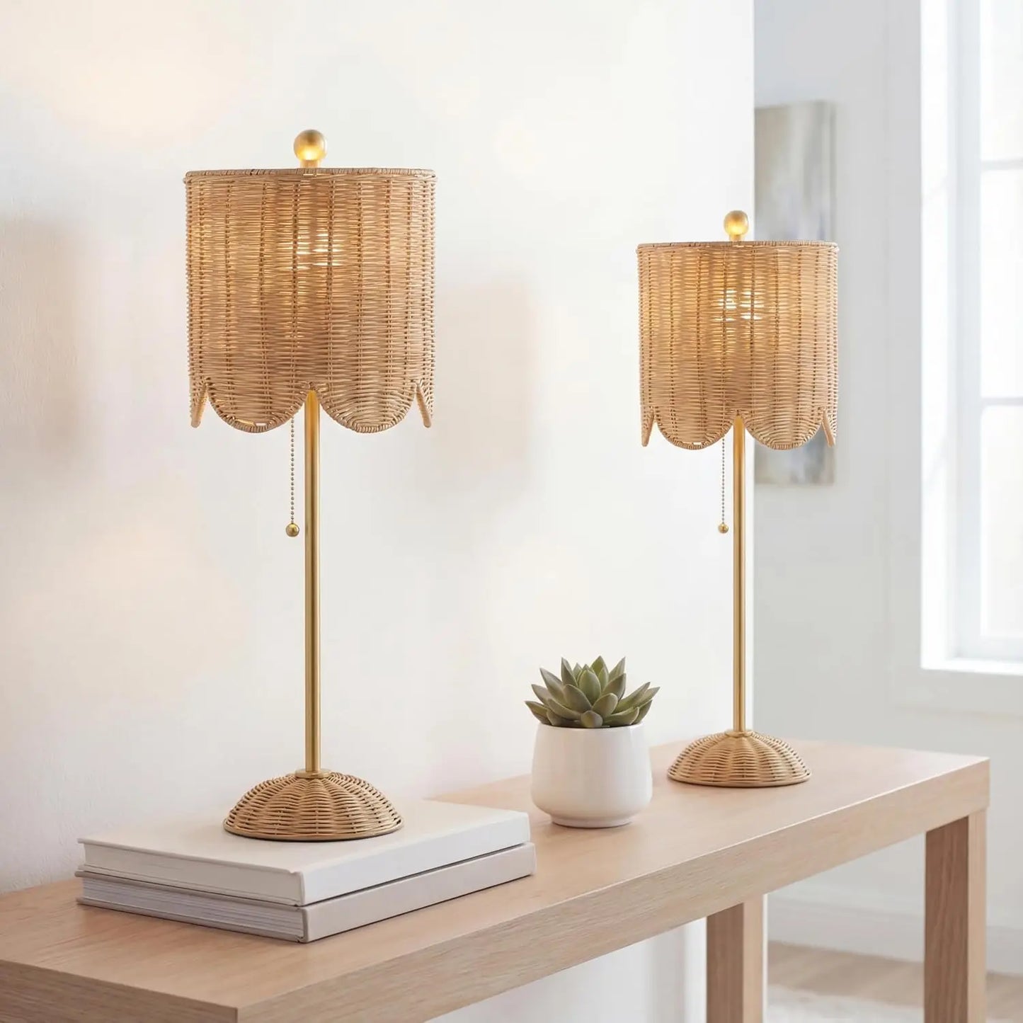 Coastal Bohemian Rattan and Iron Scalloped LED Table Lamps