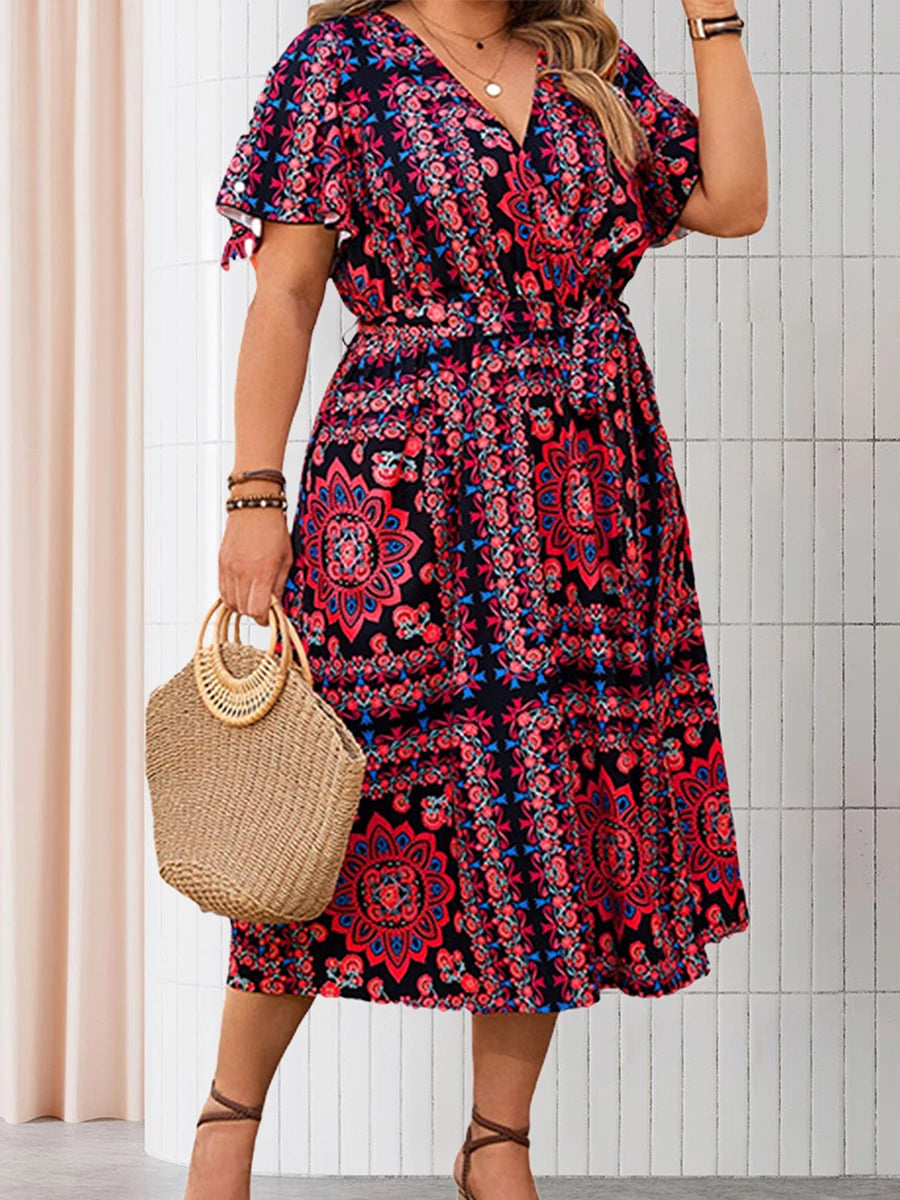 Women s Floral Print V Neck Short Sleeve Midi Dress with Slit