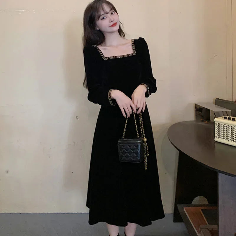 Velvet French Style Square Collar Dress For Women Autumn Winter
