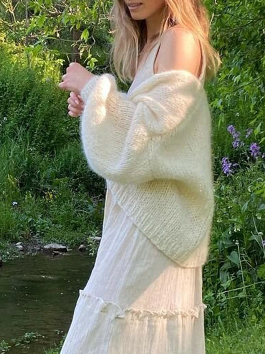 Knit Cardigan Open Front Long Puff Sleeve Women Jacket