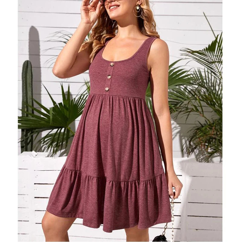 Maternity Button Pocket Dresses Pregnant Women Office Casual Clothes Cotton Summer