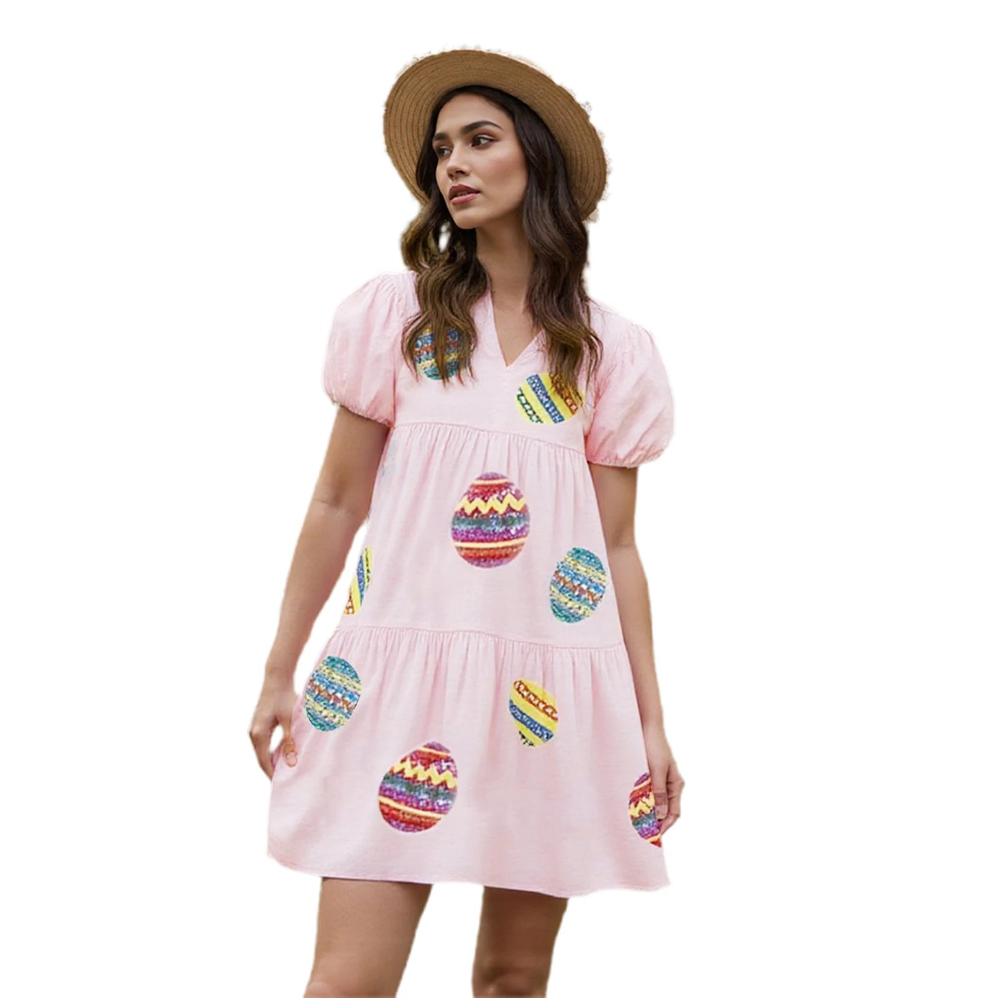 Women s Casual Loose Fit Mini Dress with Short Puff Sleeves and Round Neckline