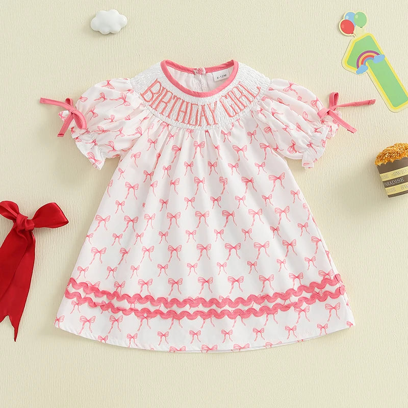 Toddler Girl Birthday Dress with Puff Sleeves and Embroidered Letters Smocked