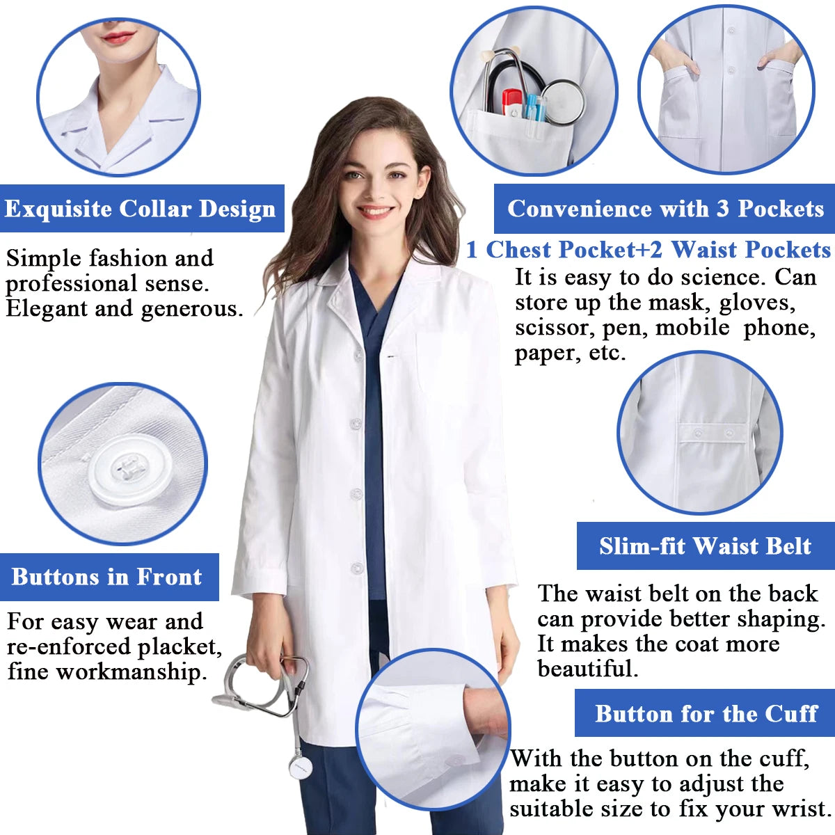 White Medical Lab Coats Nurse  Long Sleeve Laboratory Science Student Doctor Coat