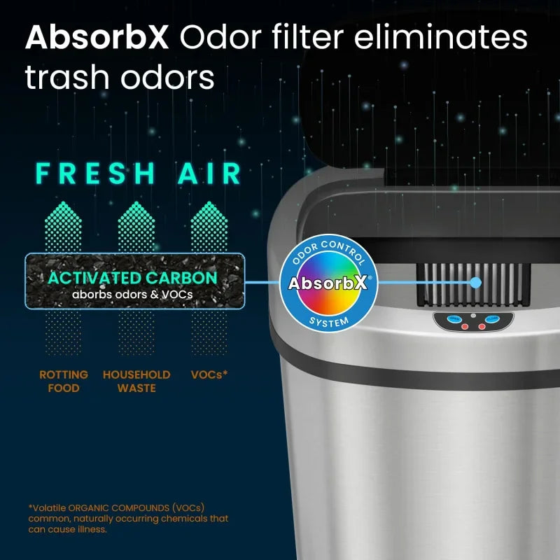 Sensorcan 13 gallon trash can with odor, stainless steel oval automatic trashcan
